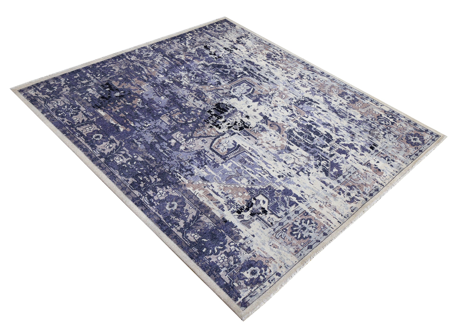 Violet Ivory Abstract Distressed Persian Waterfall Wool Hand Knotted Vintage 8x10 Area Rug