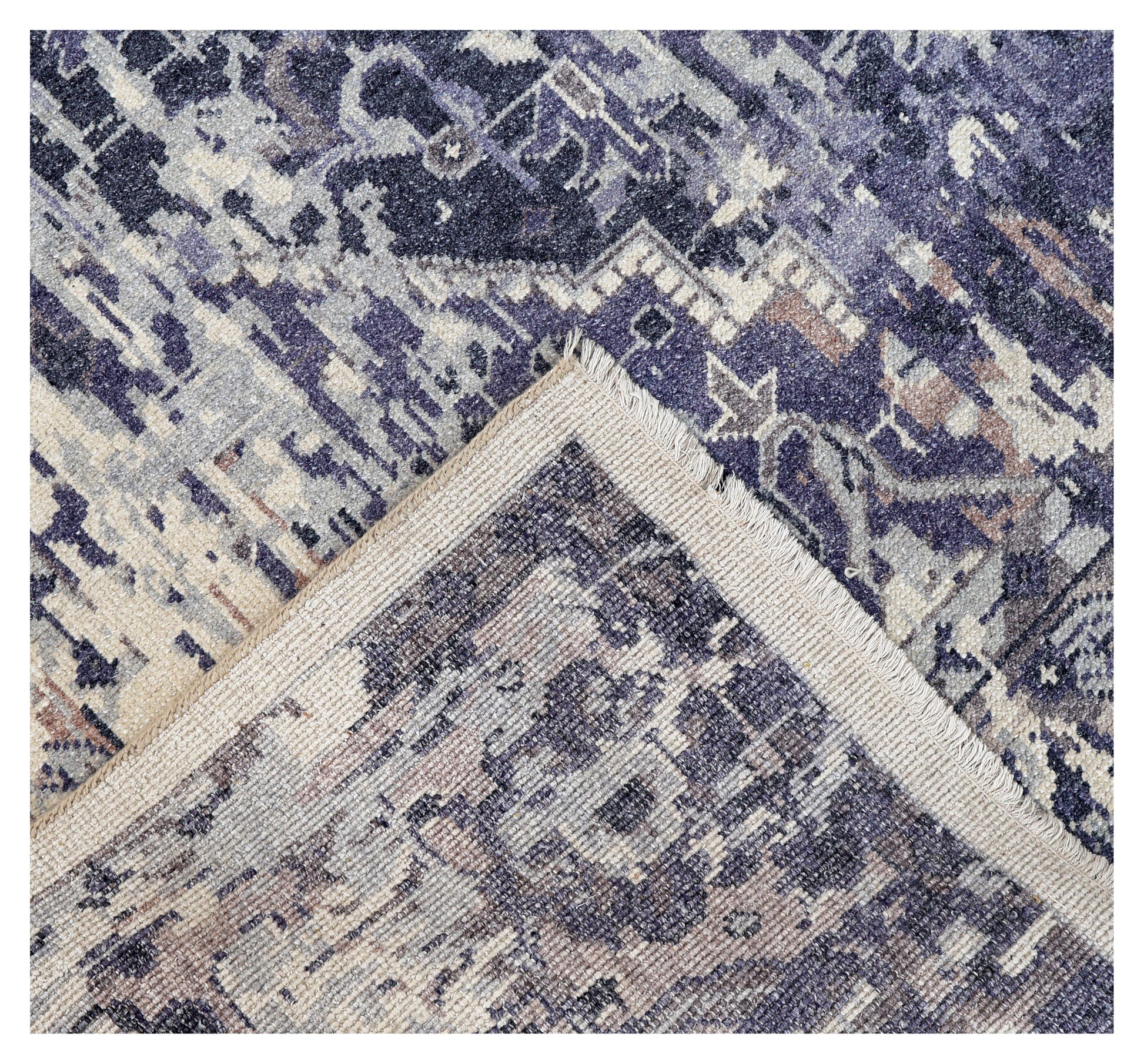 Violet Ivory Abstract Distressed Persian Waterfall Wool Hand Knotted Vintage 8x10 Area Rug
