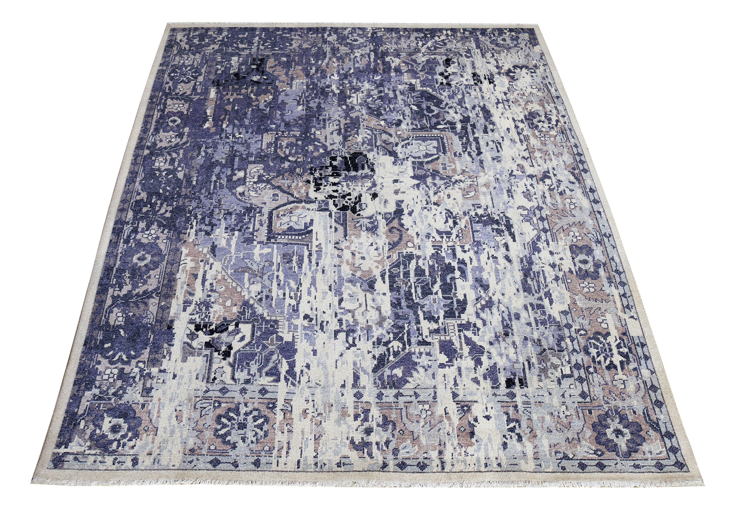 Violet Ivory Abstract Distressed Persian Waterfall Wool Hand Knotted Vintage 8x10 Area Rug