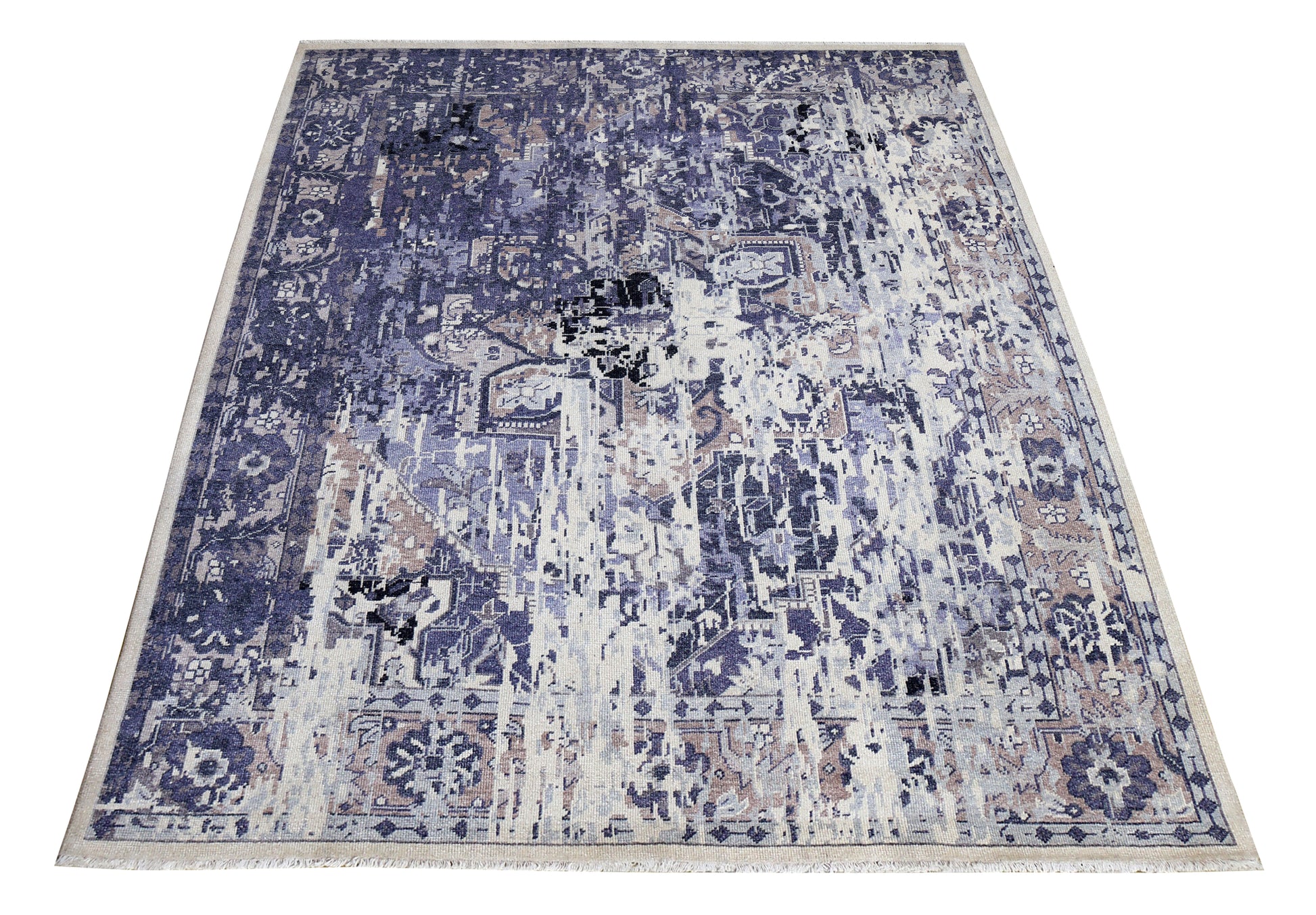 Violet Ivory Abstract Distressed Persian Waterfall Wool Hand Knotted Vintage 8x10 Area Rug