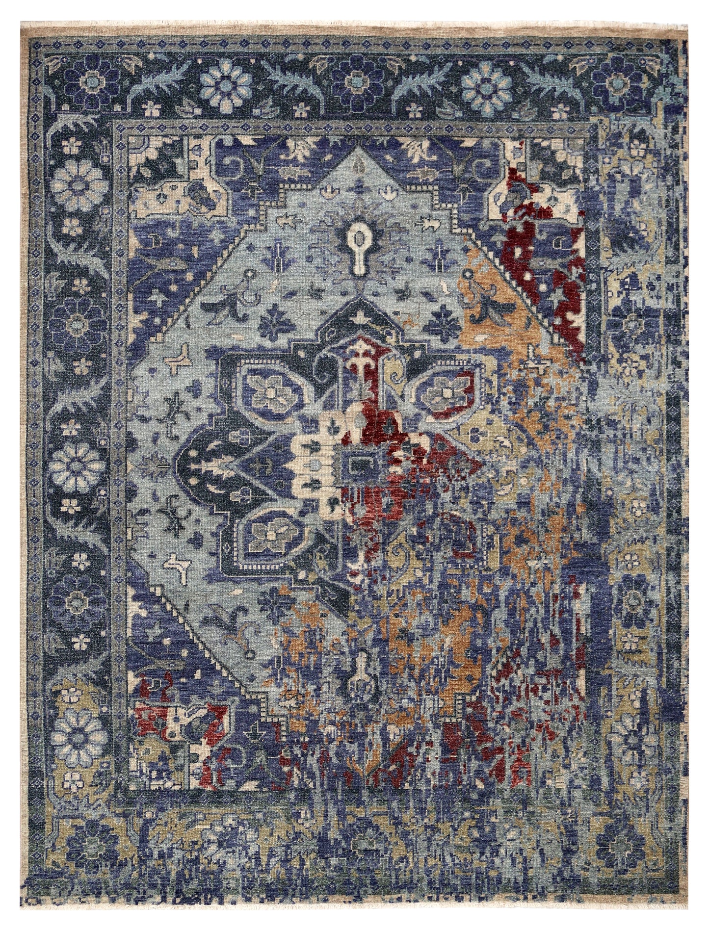 Vintage Distressed Steel Blue Grey Maroon Gold Traditional Heriz Medallion Floral Hand Knotted Wool Viscose 8x10 Bhadohi Area Rug