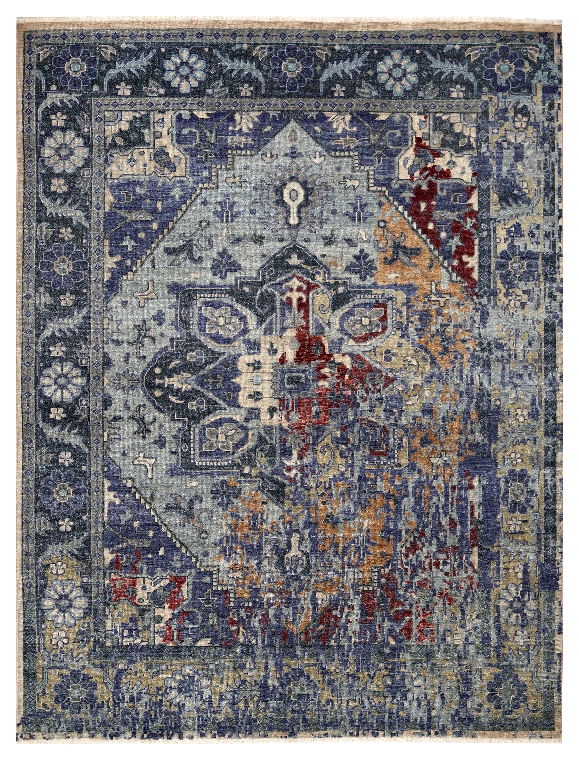 Vintage Distressed Steel Blue Grey Maroon Gold Traditional Heriz Medallion Floral Hand Knotted Wool Viscose 8x10 Bhadohi Area Rug