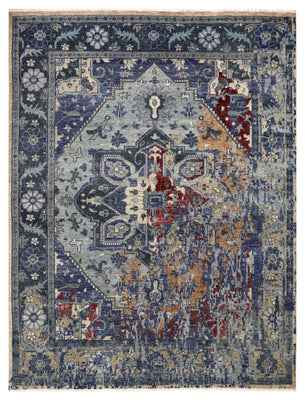 Vintage Distressed Steel Blue Grey Maroon Gold Traditional Heriz Medallion Floral Hand Knotted Wool Viscose 8x10 Bhadohi Area Rug