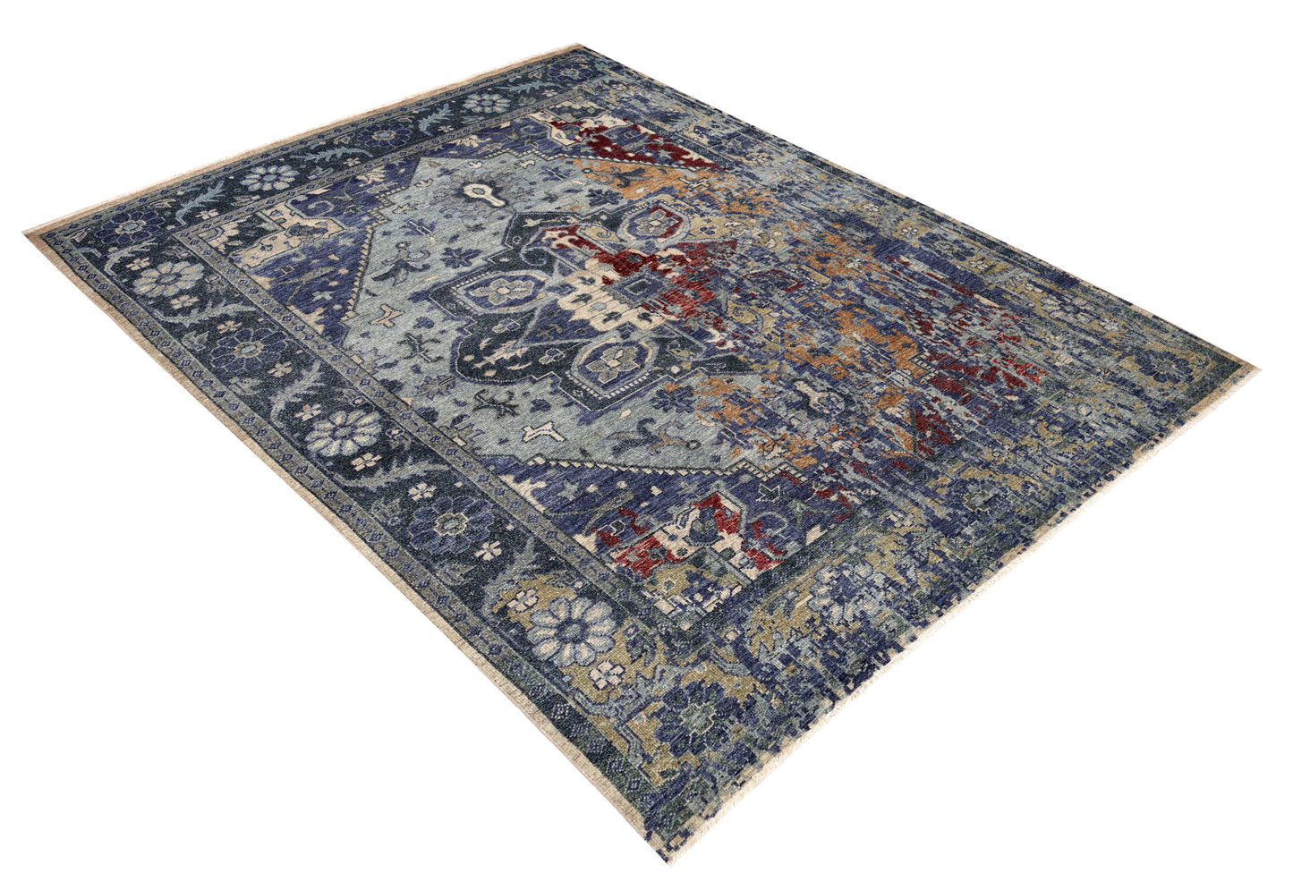 Vintage Distressed Steel Blue Grey Maroon Gold Traditional Heriz Medallion Floral Hand Knotted Wool Viscose 8x10 Bhadohi Area Rug
