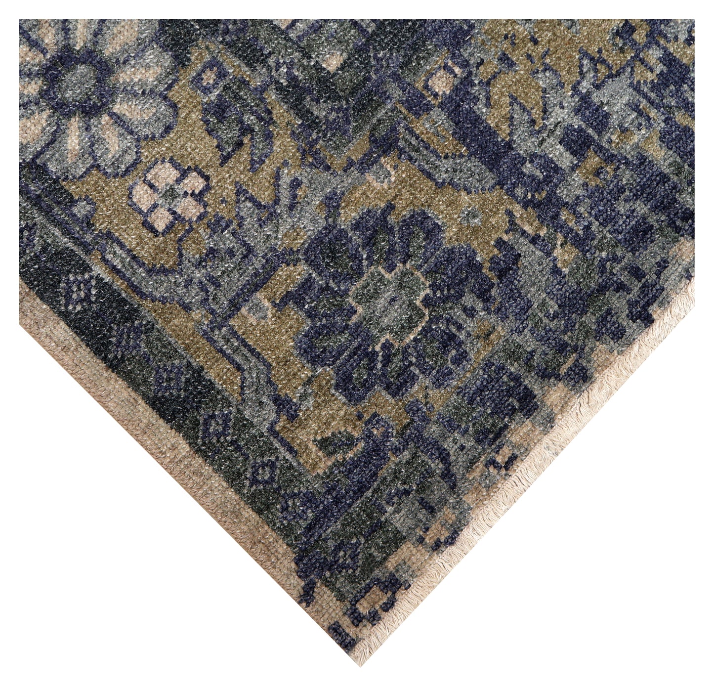 Vintage Distressed Steel Blue Grey Maroon Gold Traditional Heriz Medallion Floral Hand Knotted Wool Viscose 8x10 Bhadohi Area Rug
