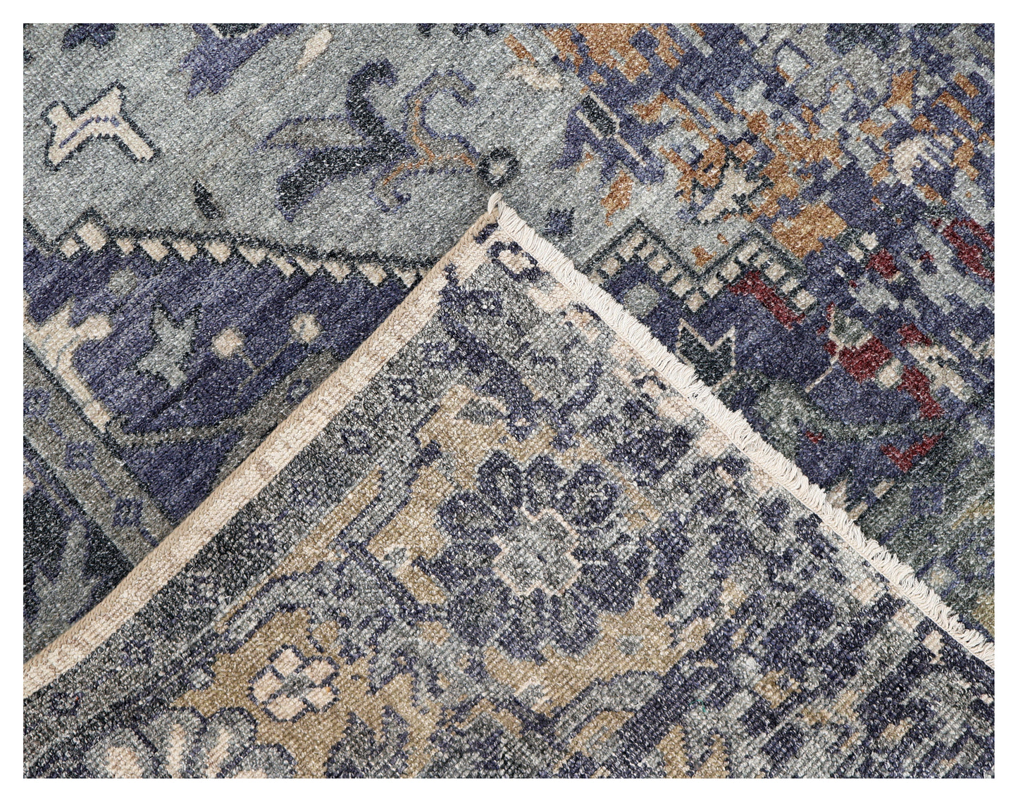 Vintage Distressed Steel Blue Grey Maroon Gold Traditional Heriz Medallion Floral Hand Knotted Wool Viscose 8x10 Bhadohi Area Rug