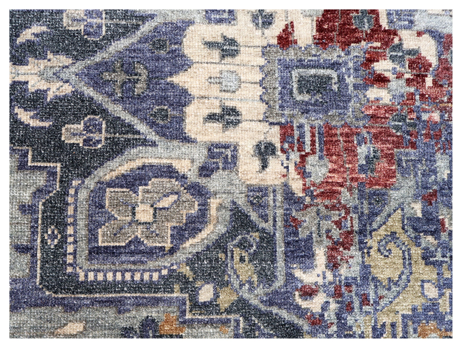 Vintage Distressed Steel Blue Grey Maroon Gold Traditional Heriz Medallion Floral Hand Knotted Wool Viscose 8x10 Bhadohi Area Rug