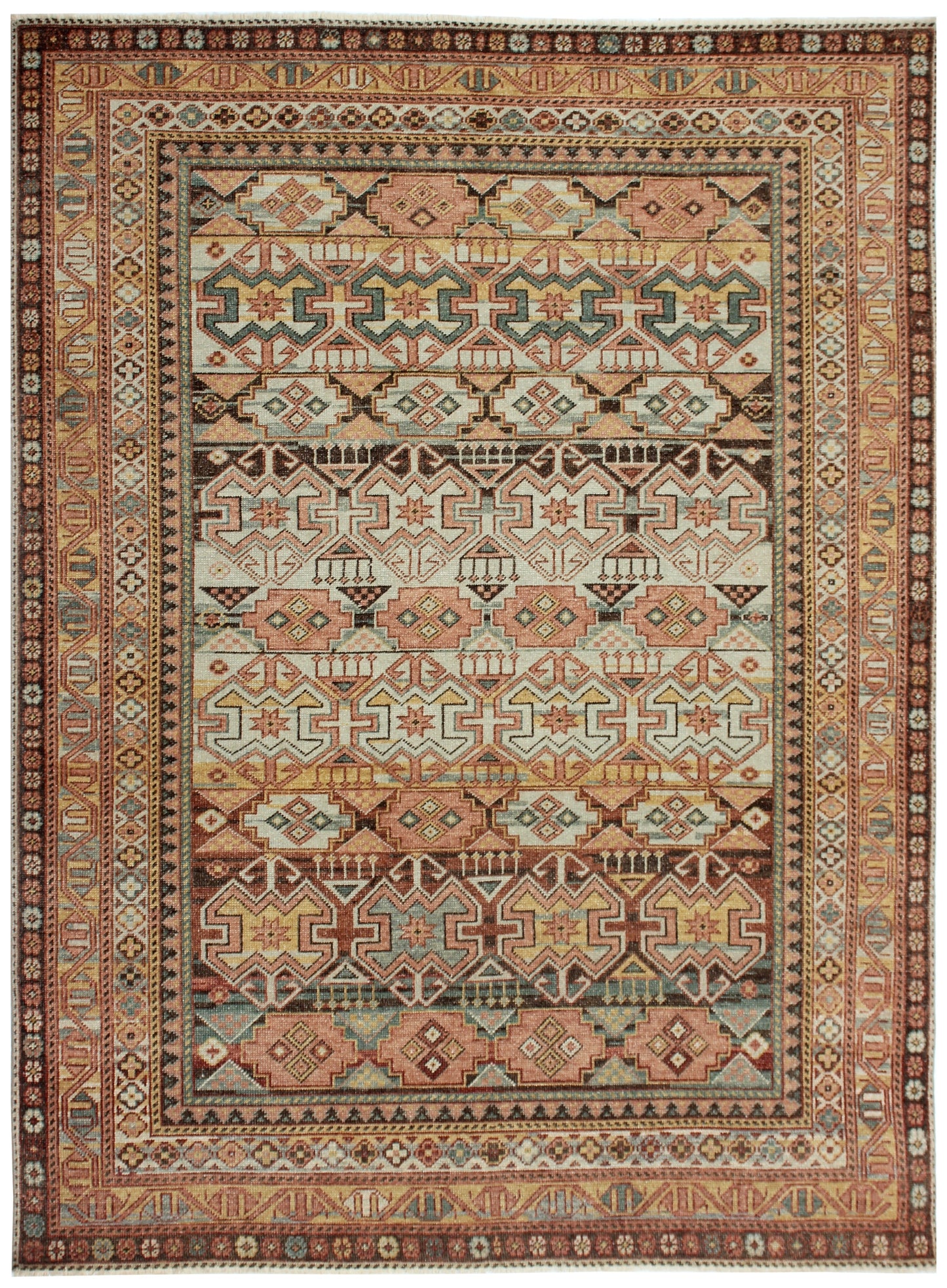 Vintage Antique Geometric Tribal 8x10 Wool Area Rug - Hand Knotted Caucasian Kazak Style