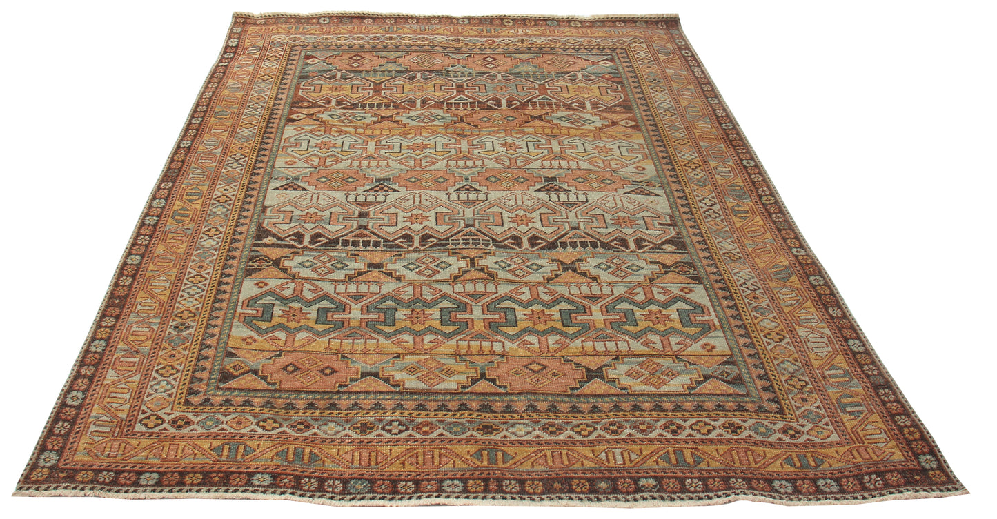 Vintage Antique Geometric Tribal 8x10 Wool Area Rug - Hand Knotted Caucasian Kazak Style