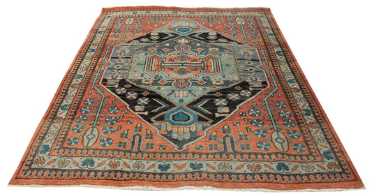 Vintage Antique Persian Heriz Rust Charcoal Turquoise 8x10 Hand Knotted Wool Area Rug