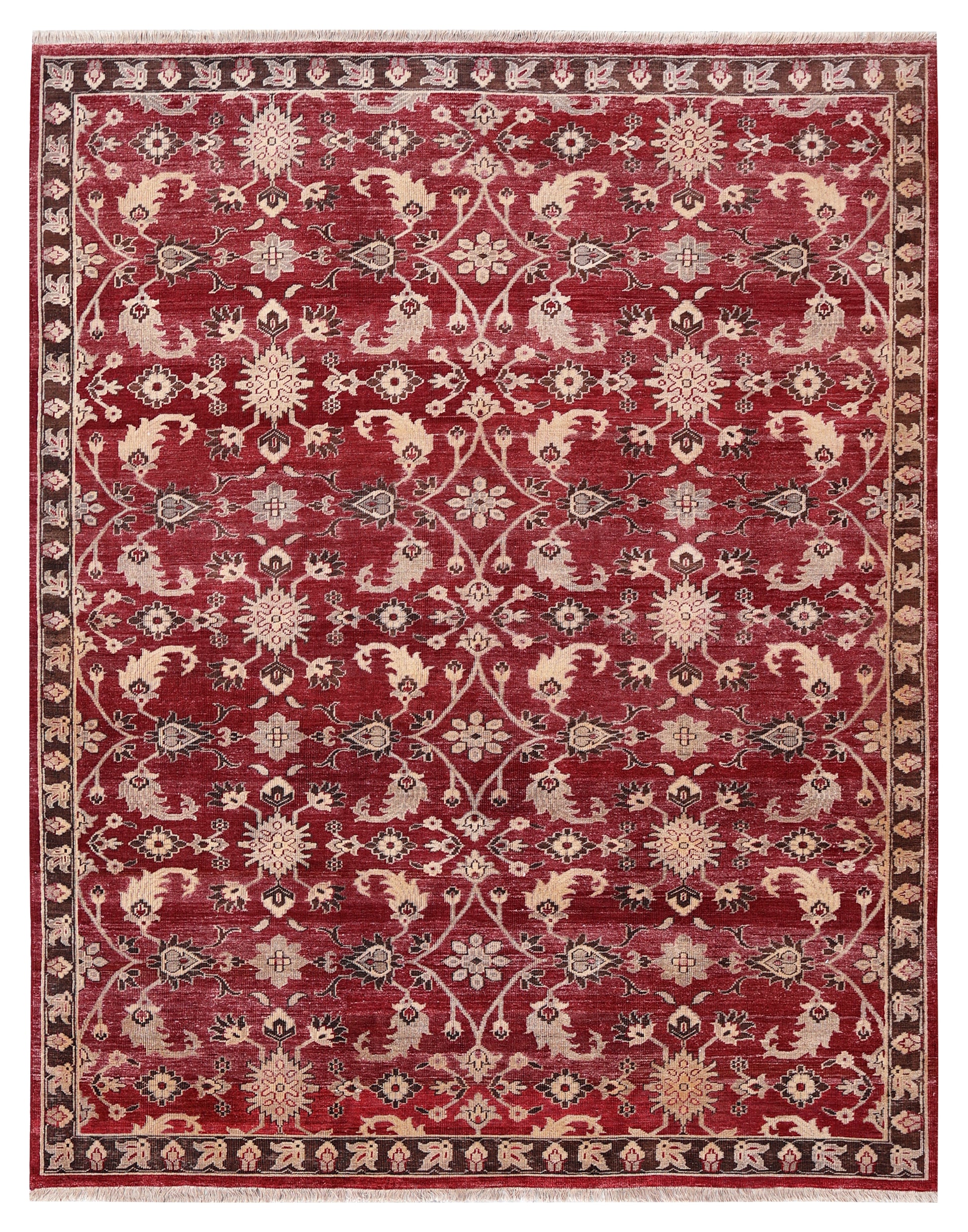 Vintage Crimson Maroon Peach Ivory Brown Turkish Ziegler Floral Vine Hand Knotted Wool Viscose 8x10 Bhadohi Area Rug