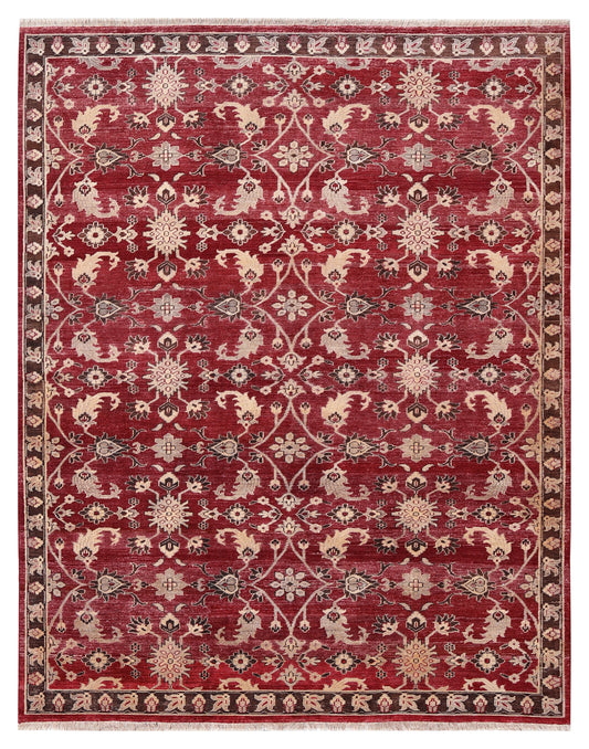Vintage Crimson Maroon Peach Ivory Brown Turkish Ziegler Floral Vine Hand Knotted Wool Viscose 8x10 Bhadohi Area Rug