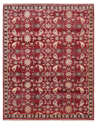 Vintage Crimson Maroon Peach Ivory Brown Turkish Ziegler Floral Vine Hand Knotted Wool Viscose 8x10 Bhadohi Area Rug