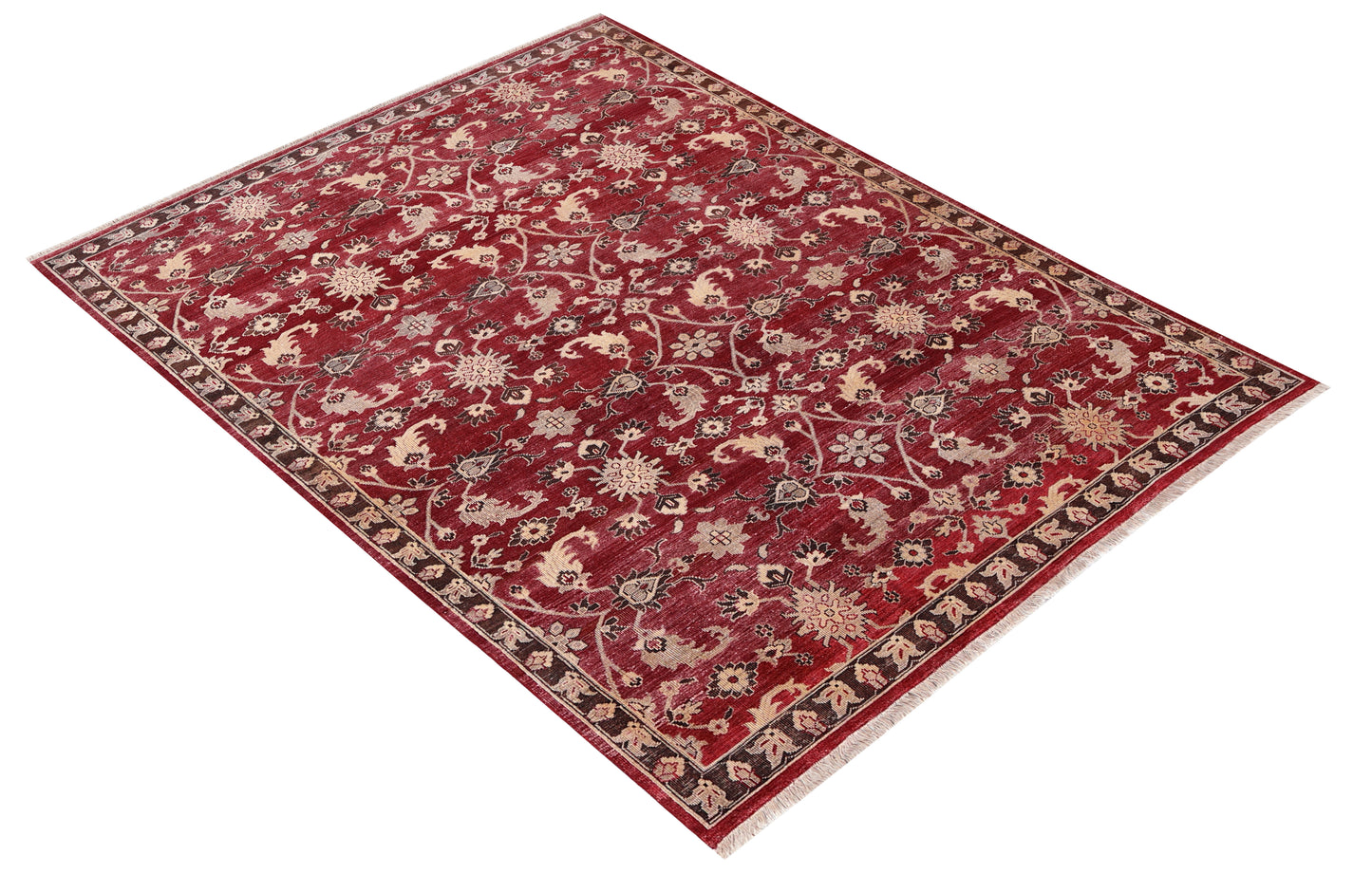 Vintage Crimson Maroon Peach Ivory Brown Turkish Ziegler Floral Vine Hand Knotted Wool Viscose 8x10 Bhadohi Area Rug
