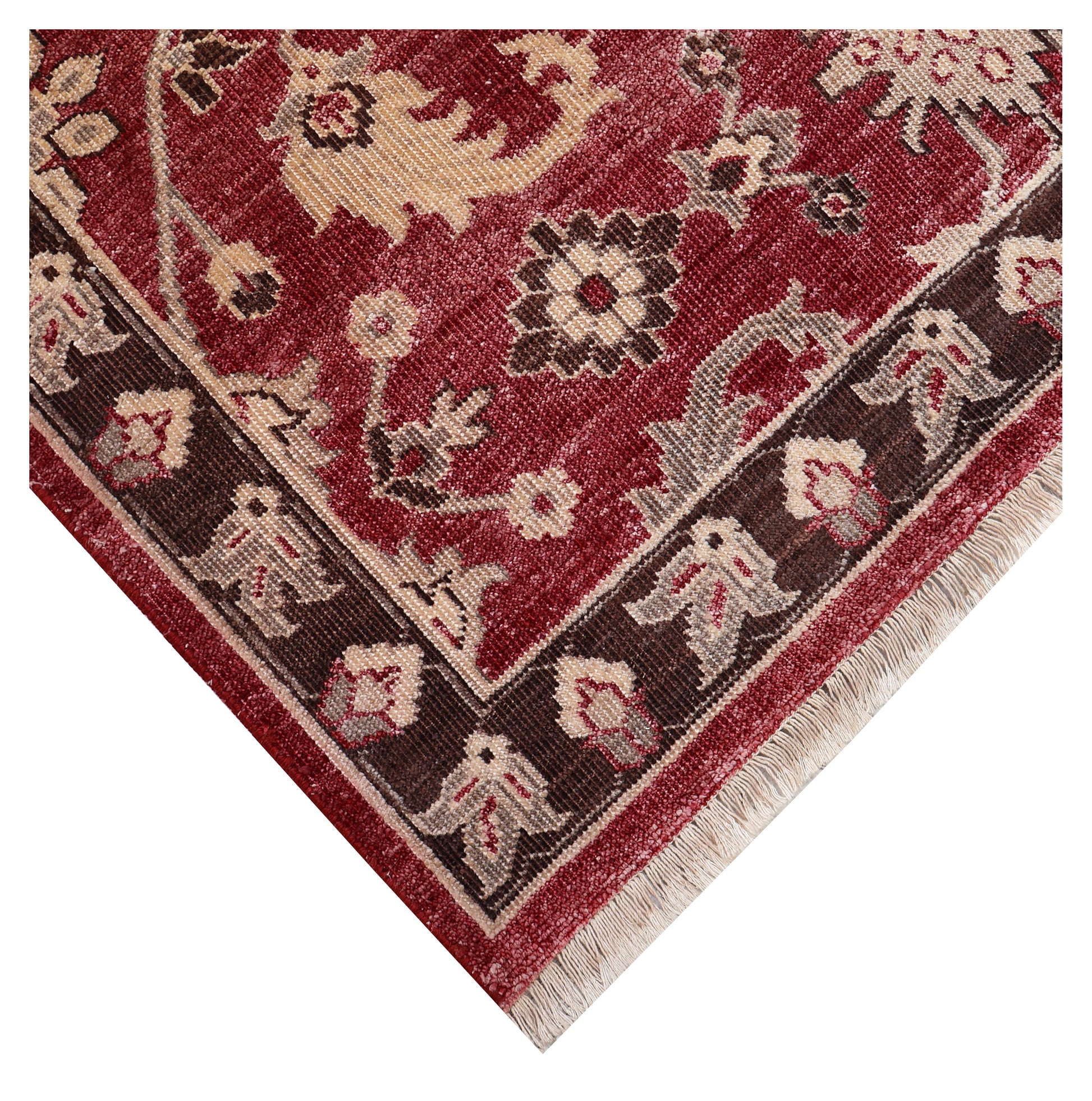 Vintage Crimson Maroon Peach Ivory Brown Turkish Ziegler Floral Vine Hand Knotted Wool Viscose 8x10 Bhadohi Area Rug