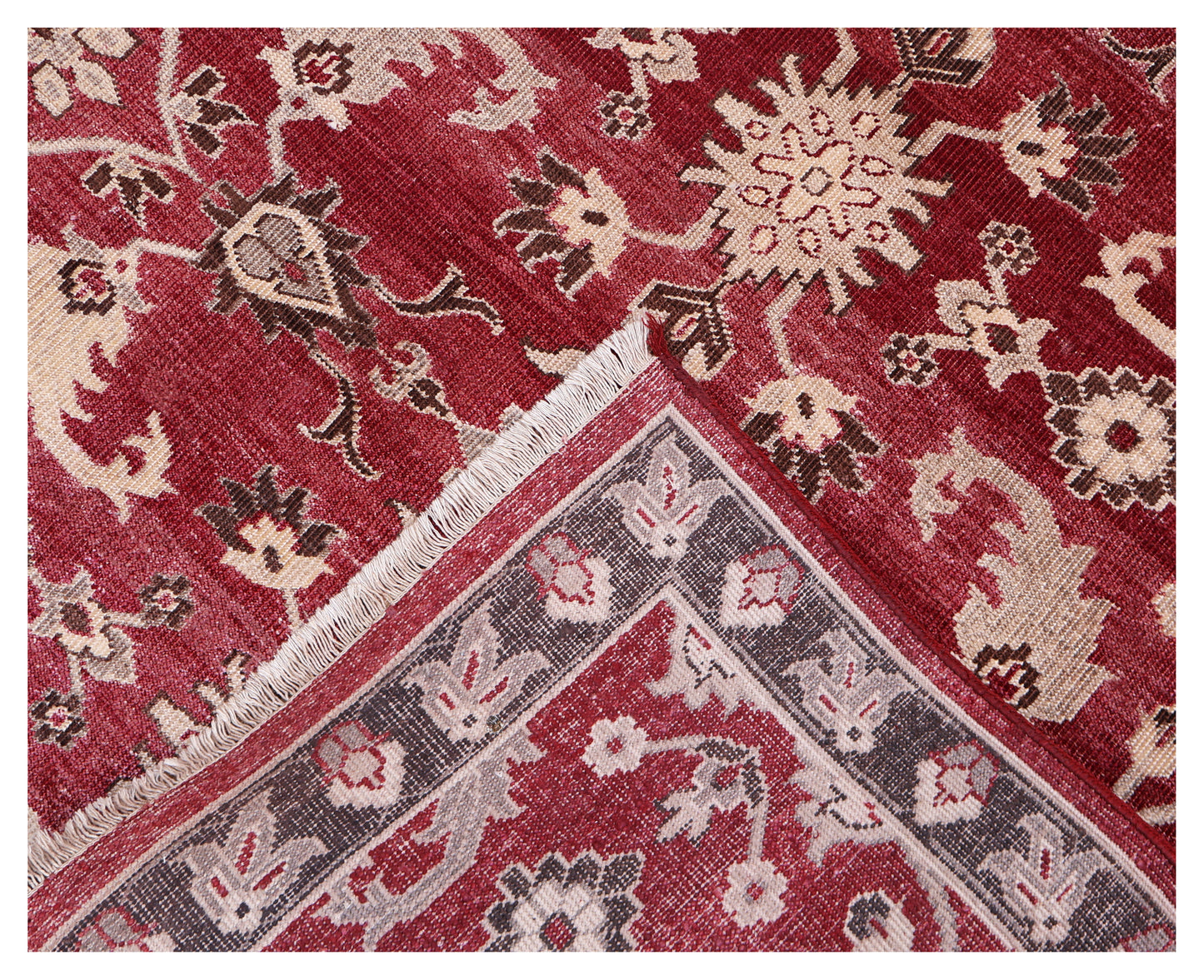 Vintage Crimson Maroon Peach Ivory Brown Turkish Ziegler Floral Vine Hand Knotted Wool Viscose 8x10 Bhadohi Area Rug