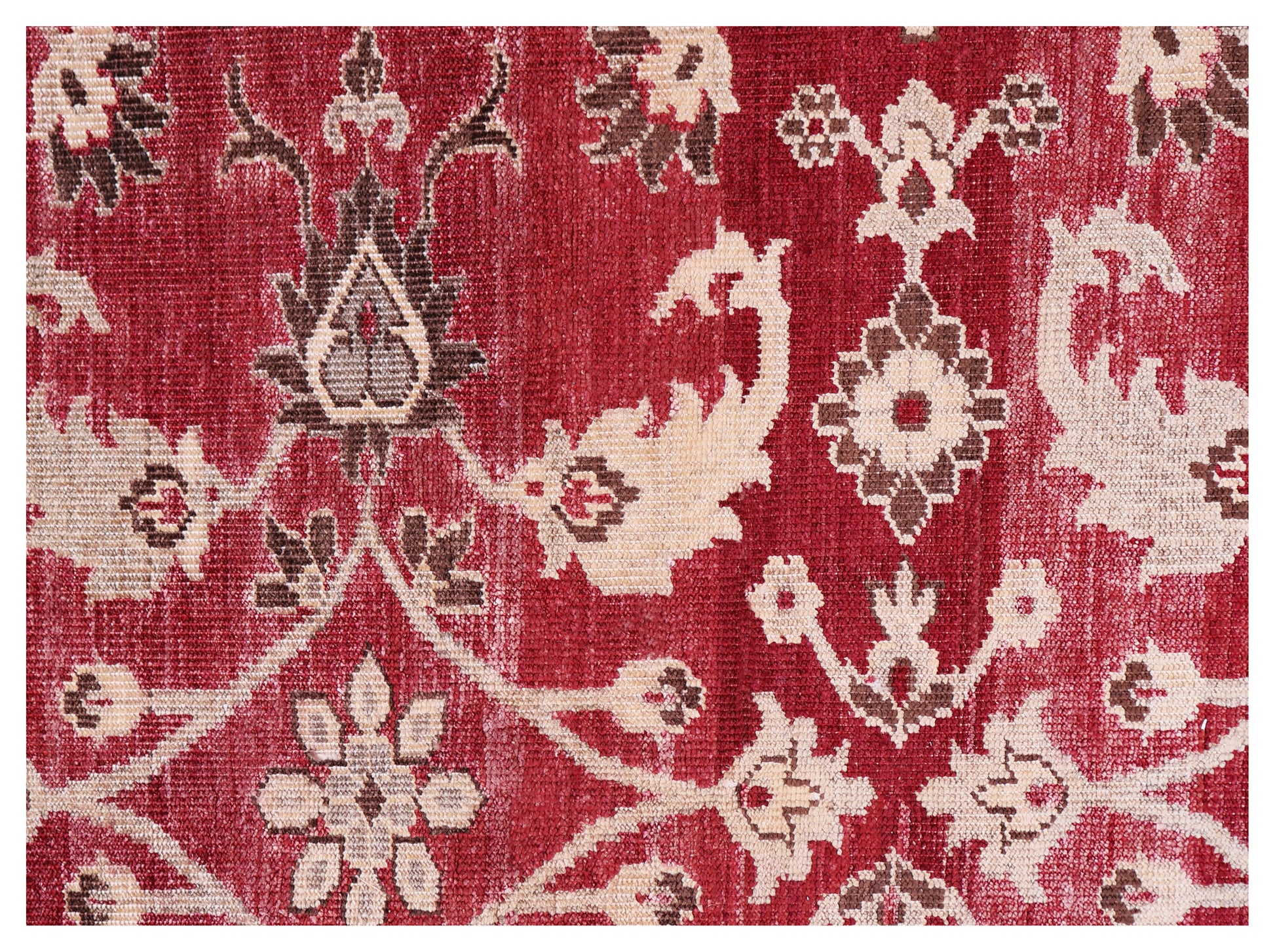 Vintage Crimson Maroon Peach Ivory Brown Turkish Ziegler Floral Vine Hand Knotted Wool Viscose 8x10 Bhadohi Area Rug