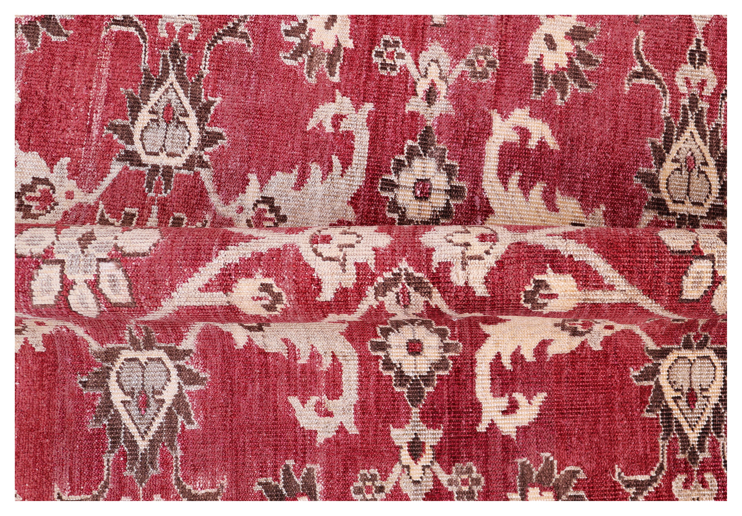 Vintage Crimson Maroon Peach Ivory Brown Turkish Ziegler Floral Vine Hand Knotted Wool Viscose 8x10 Bhadohi Area Rug