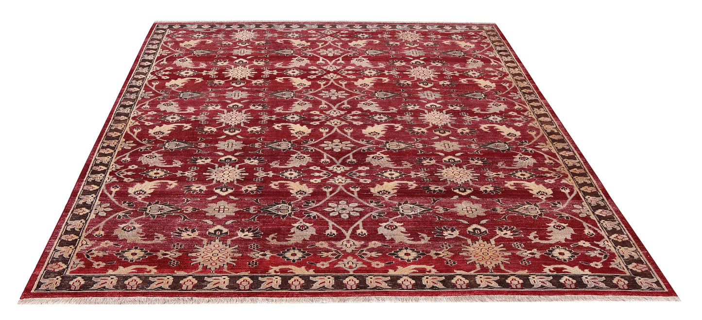Vintage Crimson Maroon Peach Ivory Brown Turkish Ziegler Floral Vine Hand Knotted Wool Viscose 8x10 Bhadohi Area Rug
