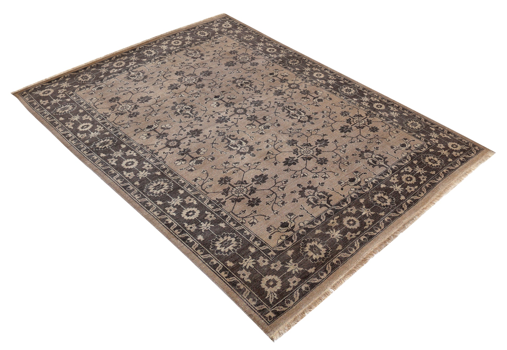 Taupe Charcoal Oushak Floral Vine Bamboo Silk Hand Knotted Oriental 8x10 Area Rug