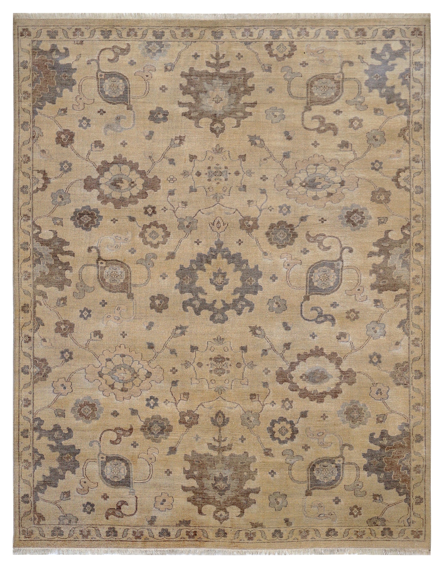 Ivory Brown Grey Oushak Floral Bamboo Silk Hand Knotted Oriental 8x10 Area Rug