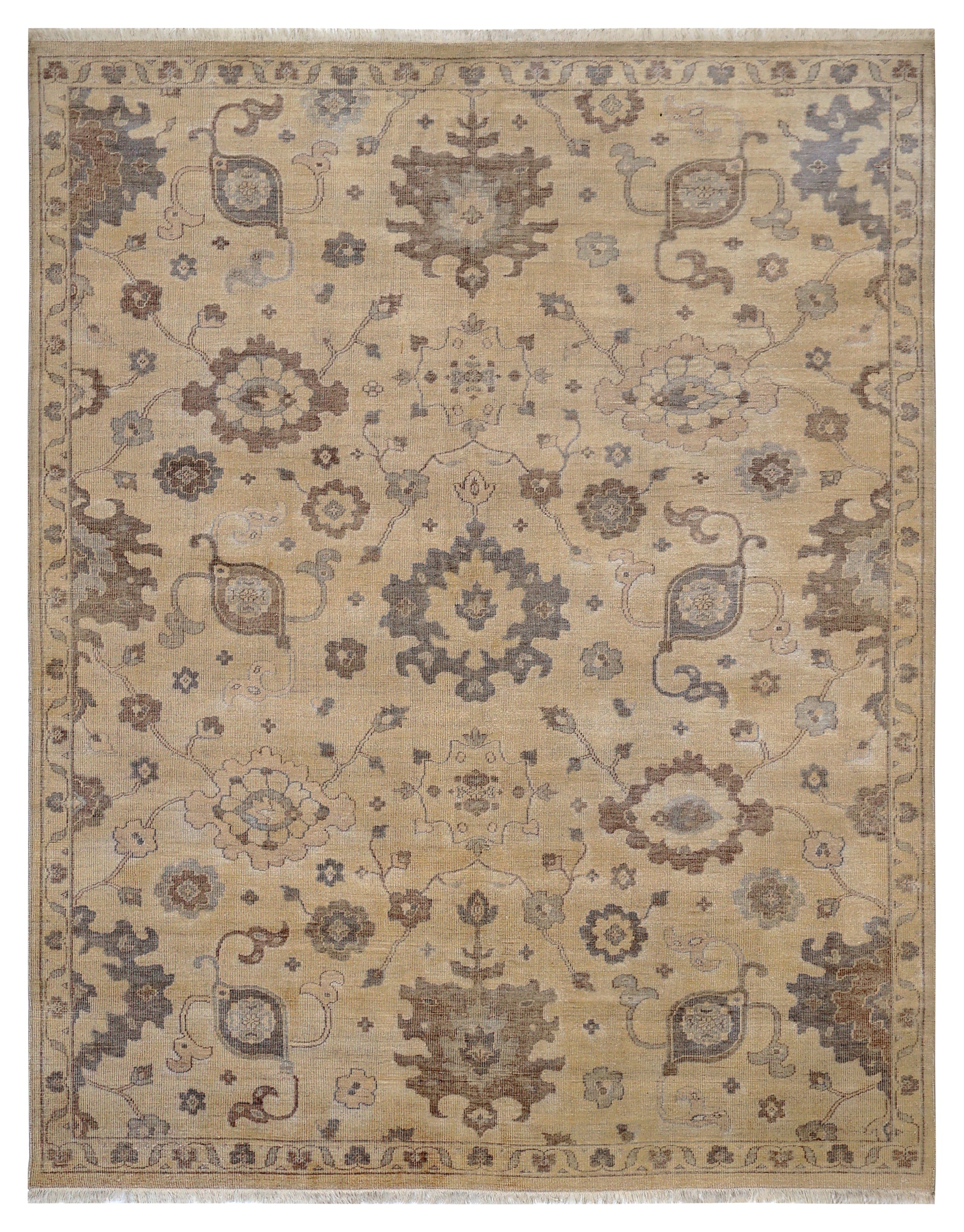 Ivory Brown Grey Oushak Floral Bamboo Silk Hand Knotted Oriental 8x10 Area Rug