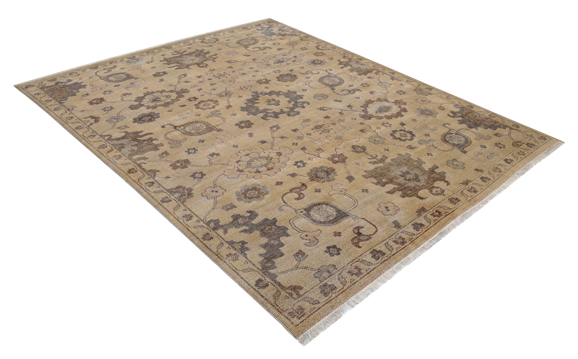 Ivory Brown Grey Oushak Floral Bamboo Silk Hand Knotted Oriental 8x10 Area Rug