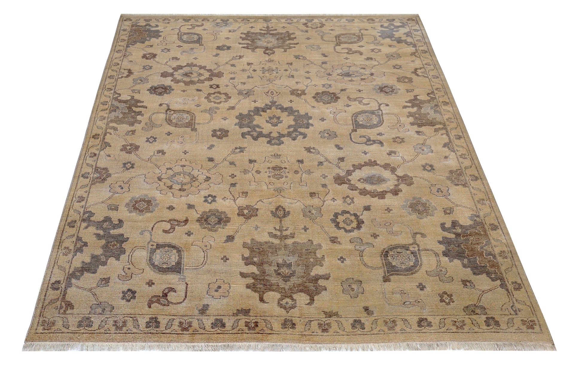 Ivory Brown Grey Oushak Floral Bamboo Silk Hand Knotted Oriental 8x10 Area Rug