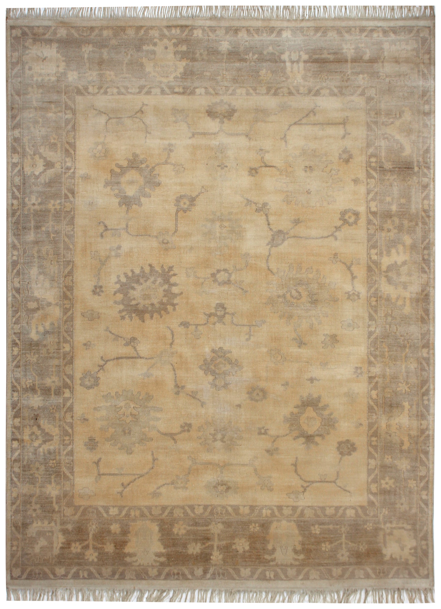 Ivory Gold Oushak Sunburst Floral Hand Knotted Wool Vintage Distressed Area Rug