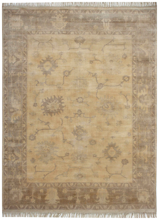 Ivory Gold Oushak Sunburst Floral Hand Knotted Wool Vintage Distressed Area Rug