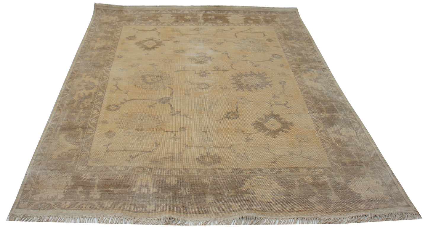 Ivory Gold Oushak Sunburst Floral Hand Knotted Wool Vintage Distressed Area Rug