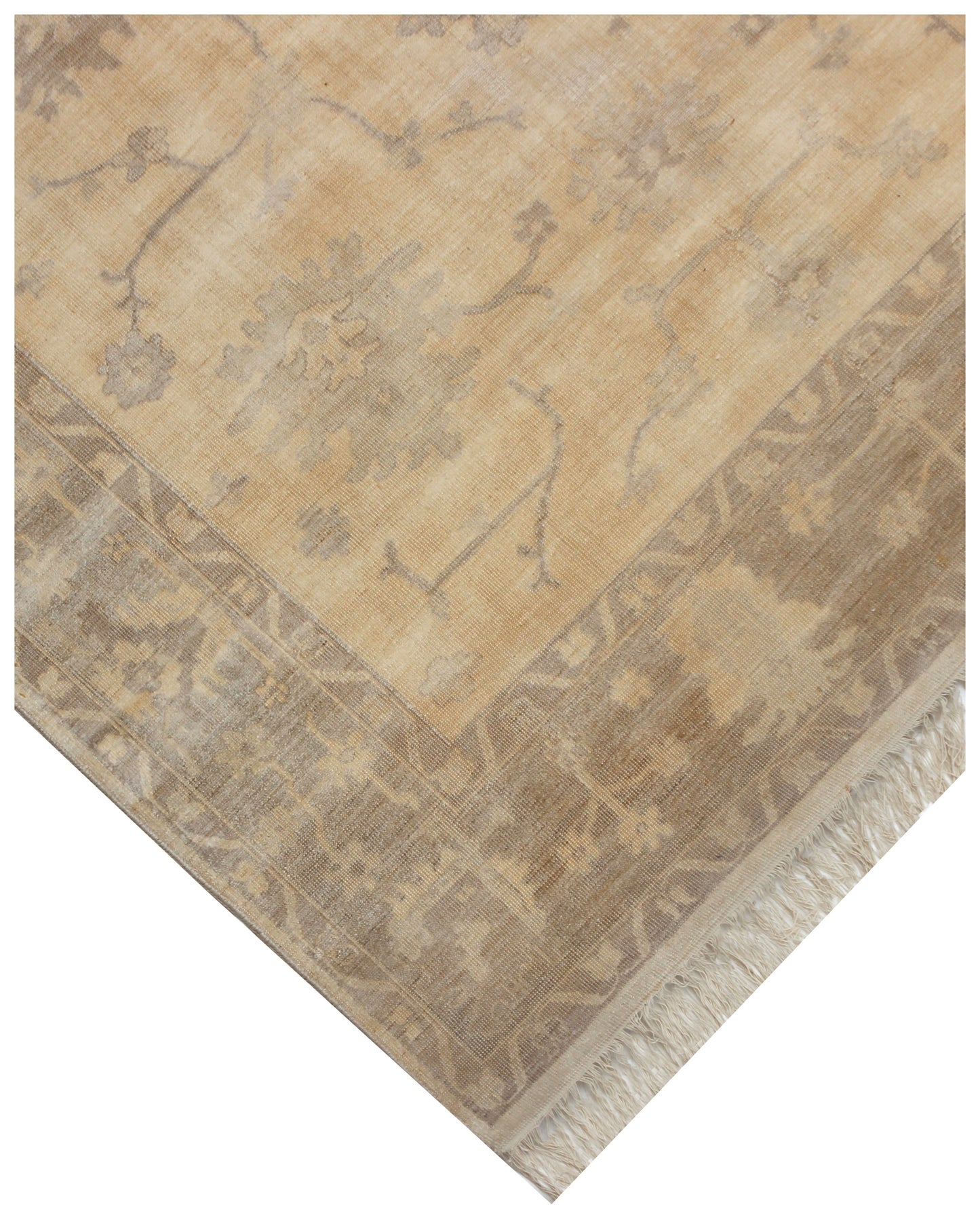 Ivory Gold Oushak Sunburst Floral Hand Knotted Wool Vintage Distressed Area Rug