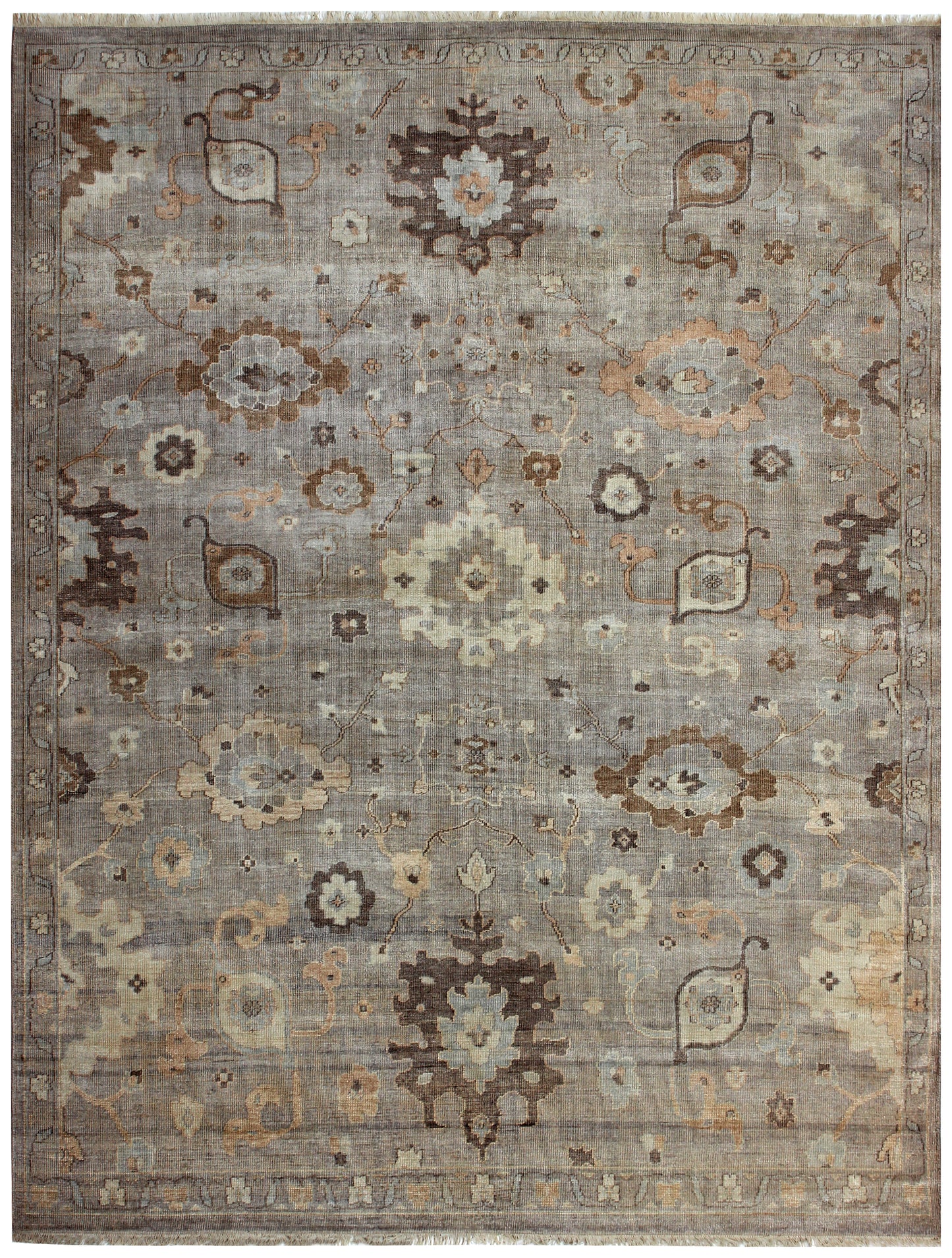 Silver Grey Oushak Large Floral Hand Knotted Wool Vintage Distressed Area Rug