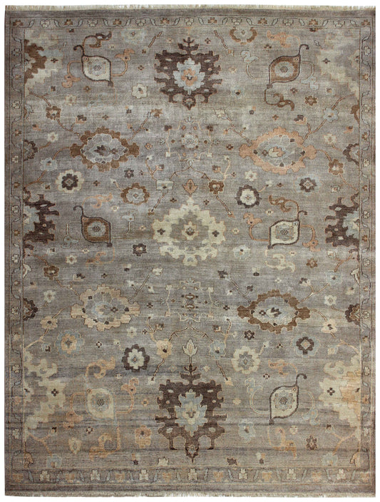 Silver Grey Oushak Large Floral Hand Knotted Wool Vintage Distressed Area Rug