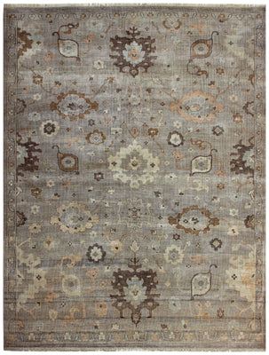 Silver Grey Oushak Large Floral Hand Knotted Wool Vintage Distressed Area Rug