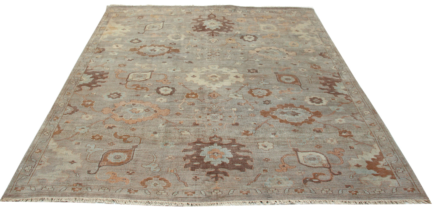 Silver Grey Oushak Large Floral Hand Knotted Wool Vintage Distressed Area Rug
