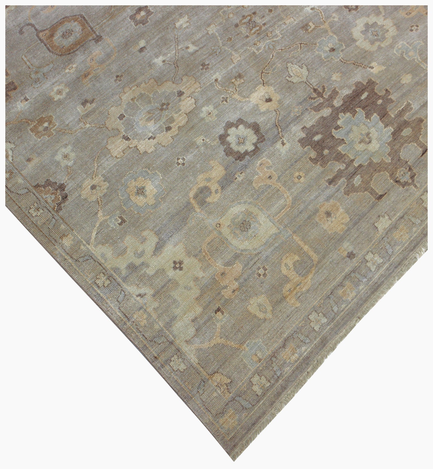 Silver Grey Oushak Large Floral Hand Knotted Wool Vintage Distressed Area Rug
