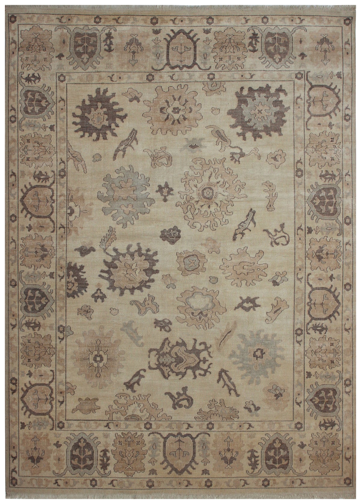 Ivory Cream Oushak Sunburst Rosette Hand Knotted Wool Antique Vintage Distressed Area Rug
