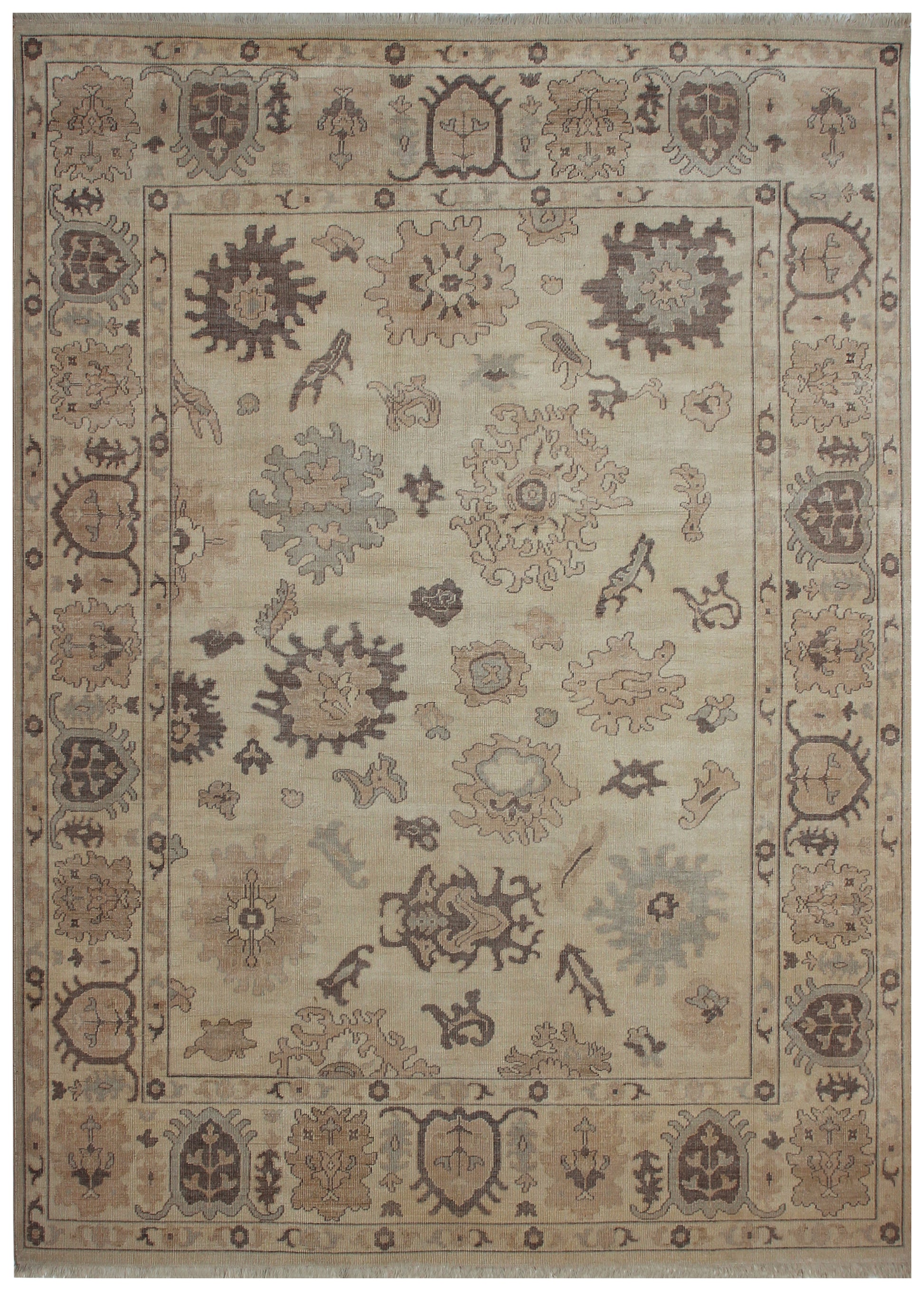Ivory Cream Oushak Sunburst Rosette Hand Knotted Wool Antique Vintage Distressed Area Rug