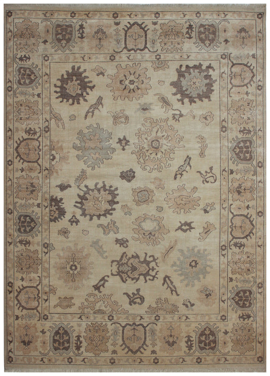 Ivory Cream Oushak Sunburst Rosette Hand Knotted Wool Antique Vintage Distressed Area Rug