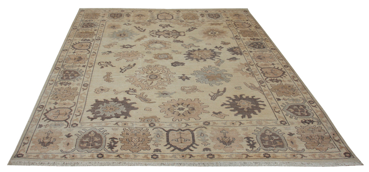 Ivory Cream Oushak Sunburst Rosette Hand Knotted Wool Antique Vintage Distressed Area Rug