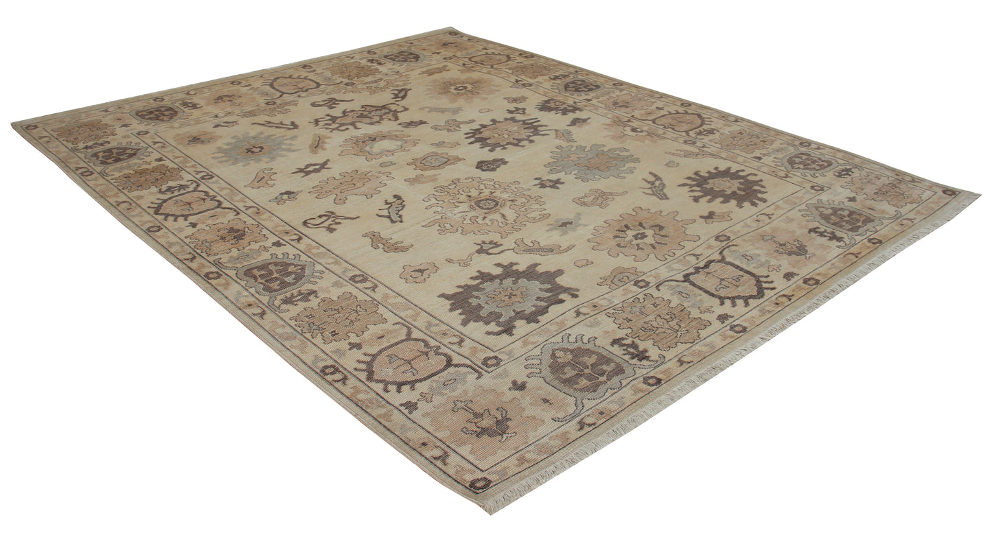 Ivory Cream Oushak Sunburst Rosette Hand Knotted Wool Antique Vintage Distressed Area Rug