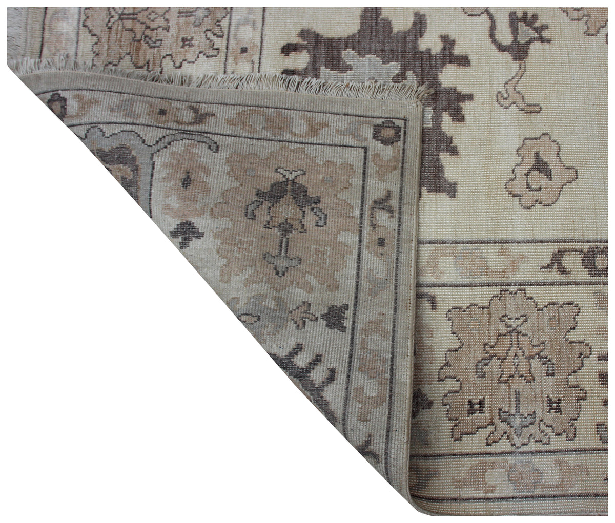 Ivory Cream Oushak Sunburst Rosette Hand Knotted Wool Antique Vintage Distressed Area Rug