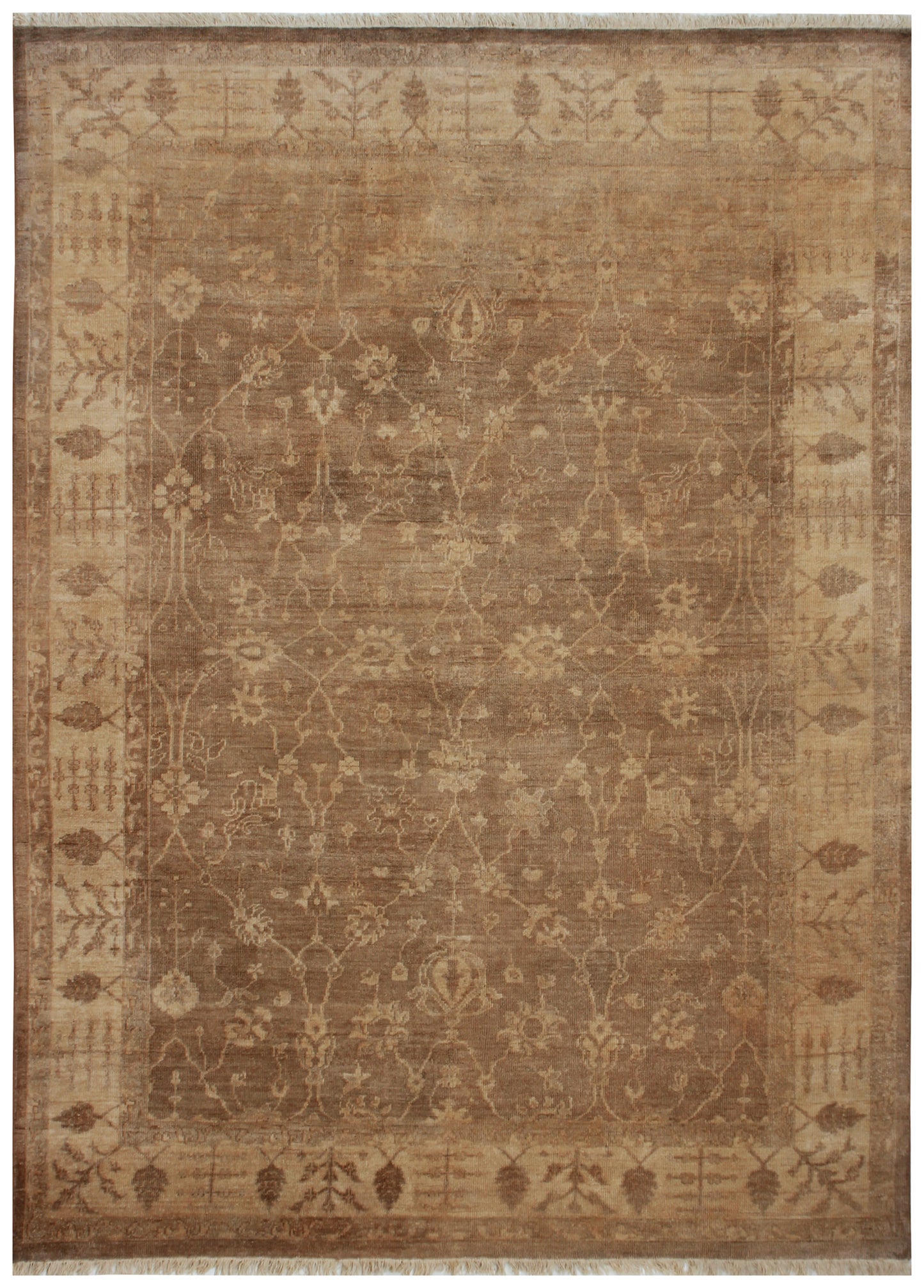 Walnut Brown Oushak All-Over Floral Hand Knotted Wool Vintage Distressed Area Rug
