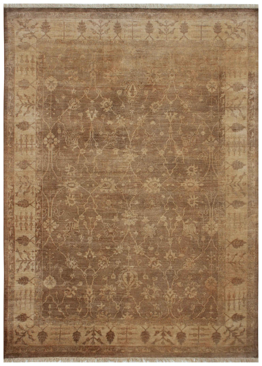 Walnut Brown Oushak All-Over Floral Hand Knotted Wool Vintage Distressed Area Rug
