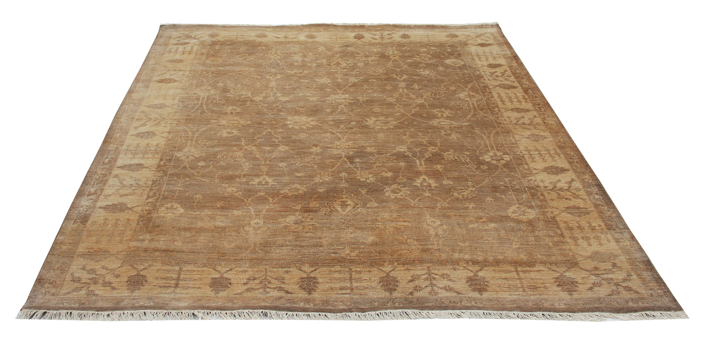 Walnut Brown Oushak All-Over Floral Hand Knotted Wool Vintage Distressed Area Rug