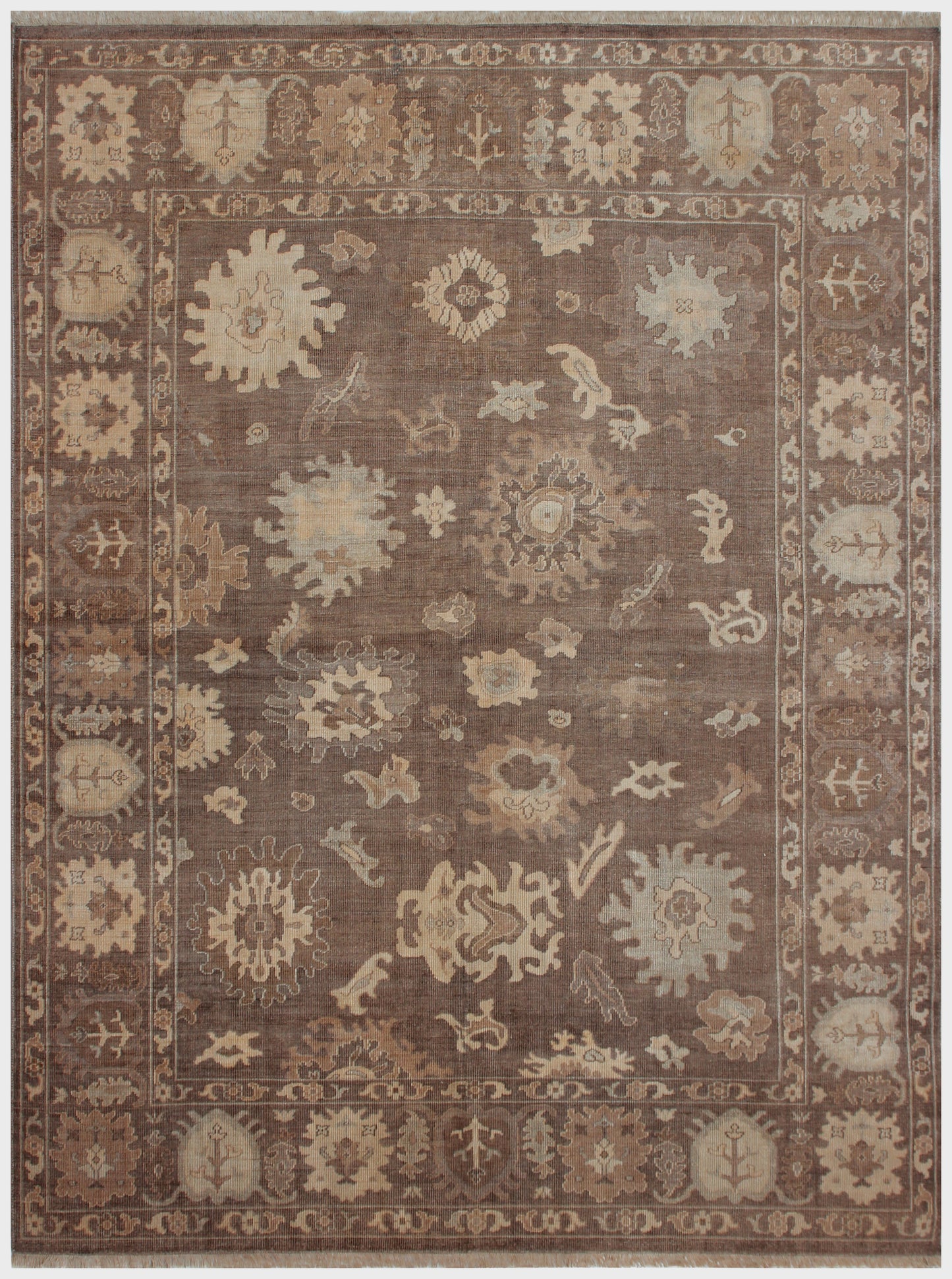 Dark Taupe Brown Oushak Sunburst Rosette Hand Knotted Wool Vintage Distressed Area Rug