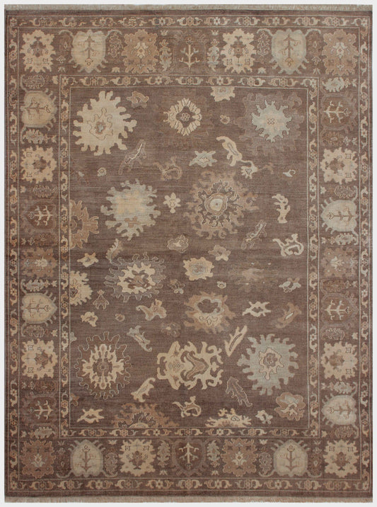 Dark Taupe Brown Oushak Sunburst Rosette Hand Knotted Wool Vintage Distressed Area Rug