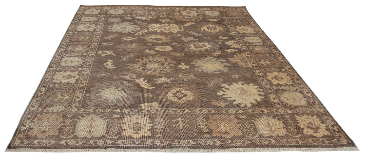 Dark Taupe Brown Oushak Sunburst Rosette Hand Knotted Wool Vintage Distressed Area Rug