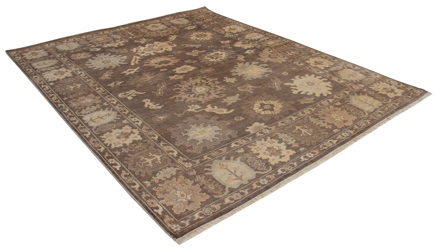 Dark Taupe Brown Oushak Sunburst Rosette Hand Knotted Wool Vintage Distressed Area Rug